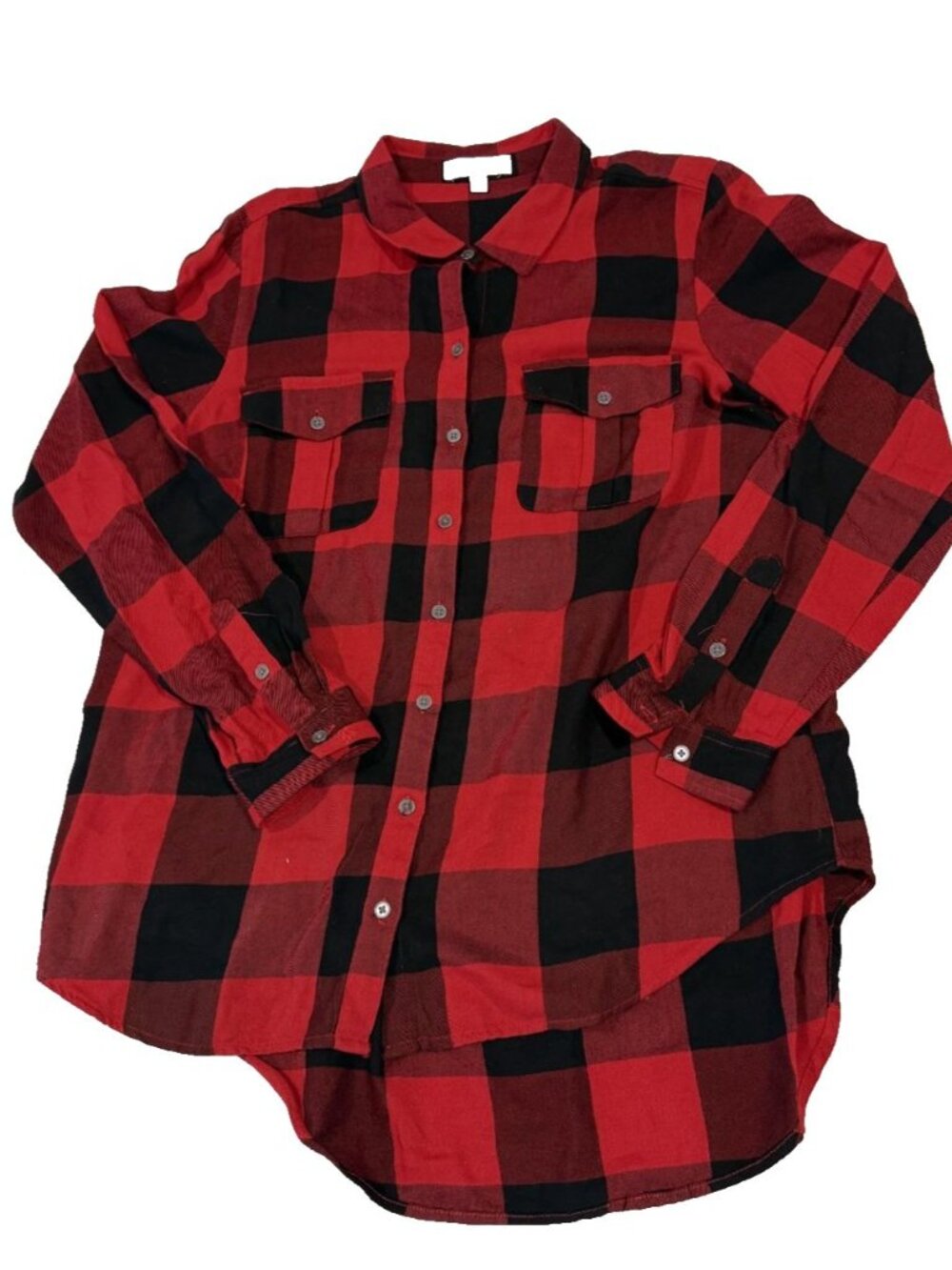 New Directions Women's Large (L) Buffalo Plaid Flannel Shirt Red & Black Hi-Low